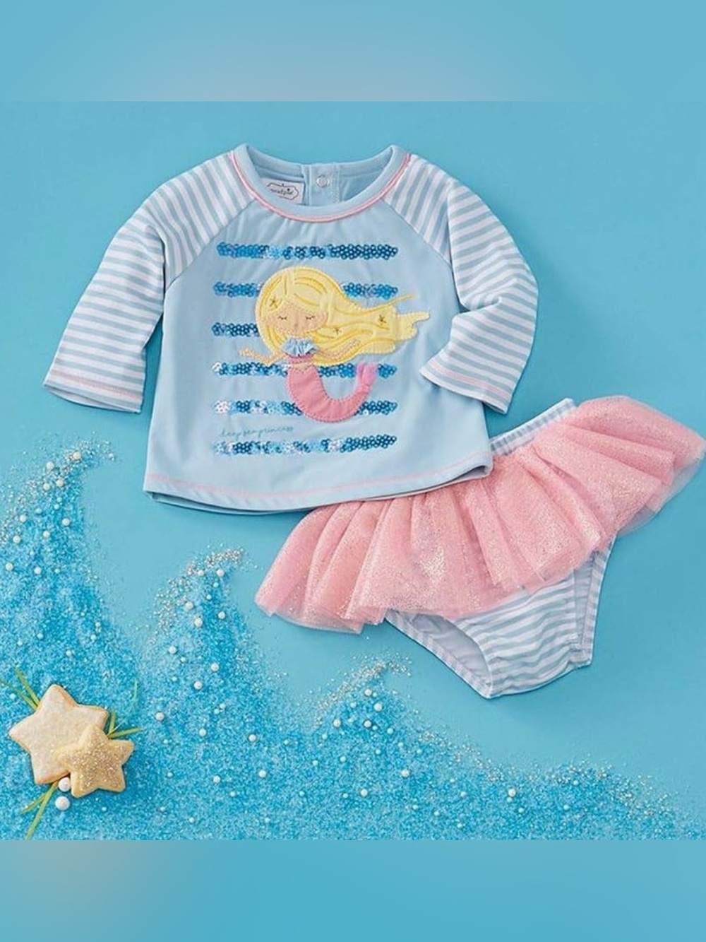 Mud Pie Blue & Pink Mermaid Rashguard Swim Set with Tulle Skirt
